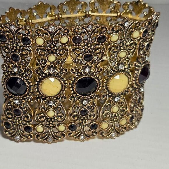 Ornate Filigree 3" Wide Cuff Bracelet Black Cream Cabachons Rhinestone Bollywood - Picture 3 of 10